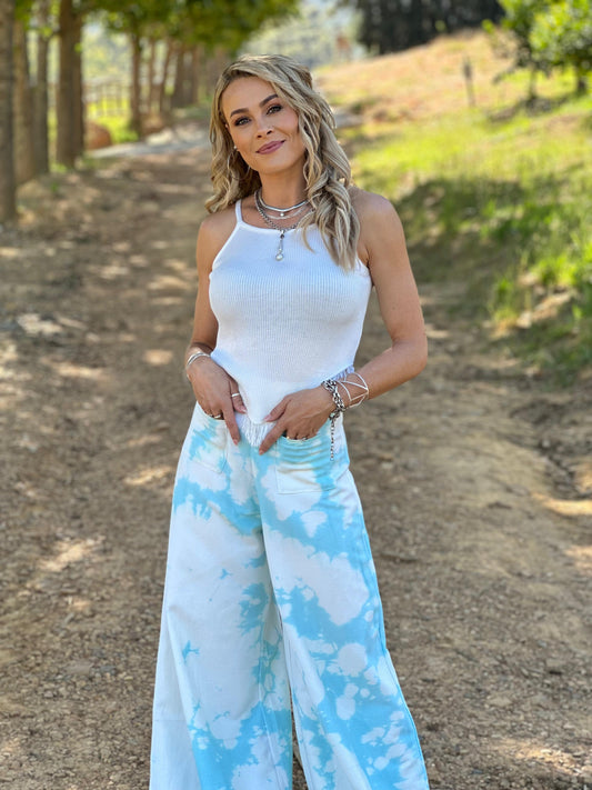 Blue and white wide leg pants